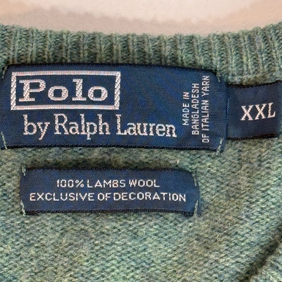 Ralph Lauren Men's 2XL Sweater Preppy V-neck Lambs Wool Pony green‎ Jumper EUC - Picture 3 of 13